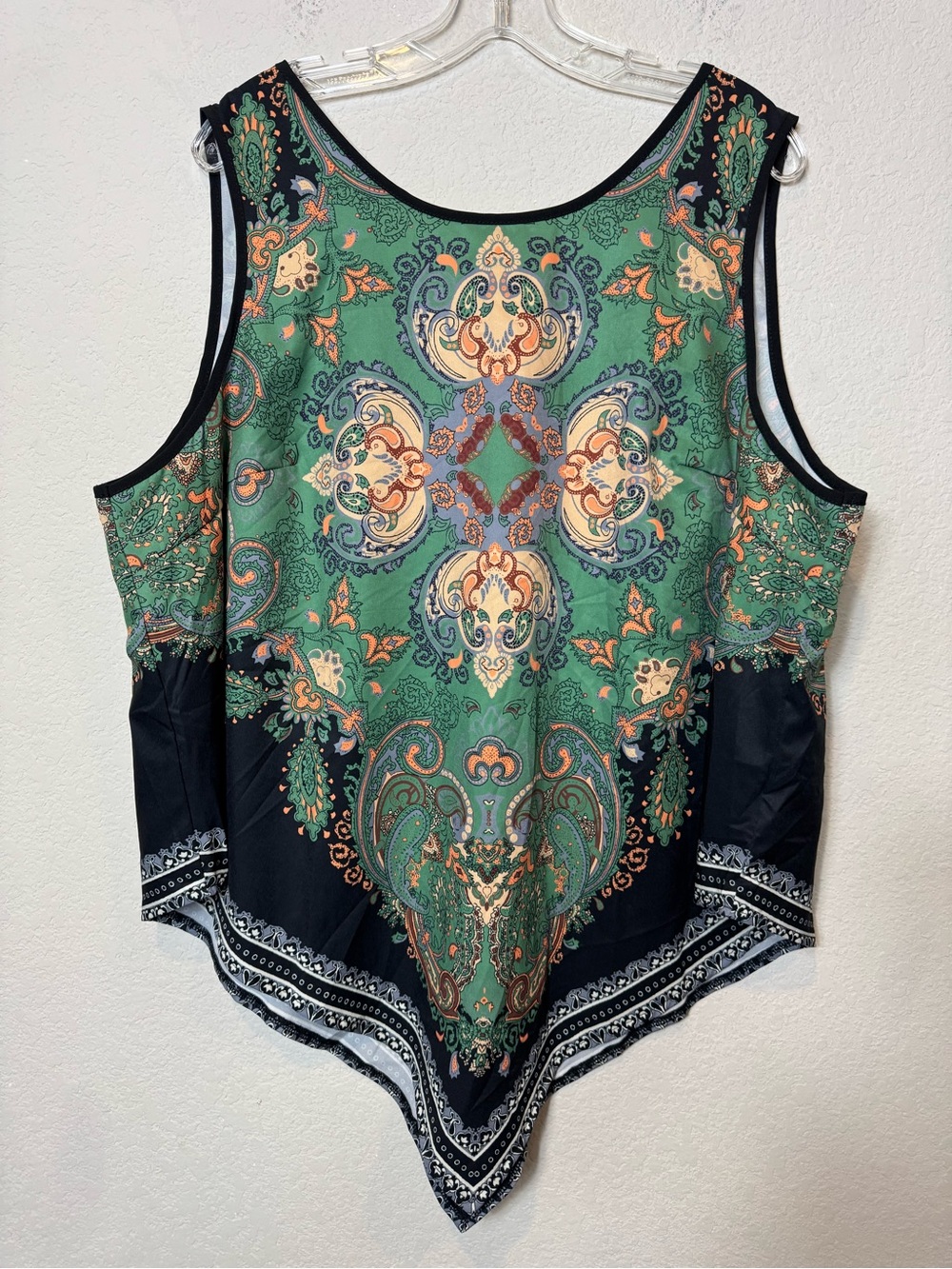 Emery Rose Boho Print Handkerchief Hem Tank Top Green/Black Women’s Plus Size 4X
